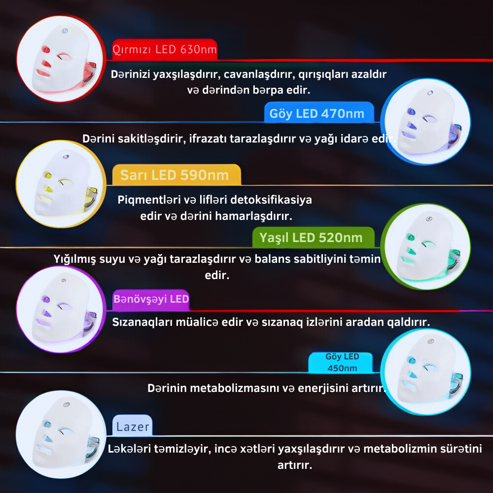 7 Rəng LED Üz Terapiyası - Gənclik və Dəri Baxımı (Simsiz)